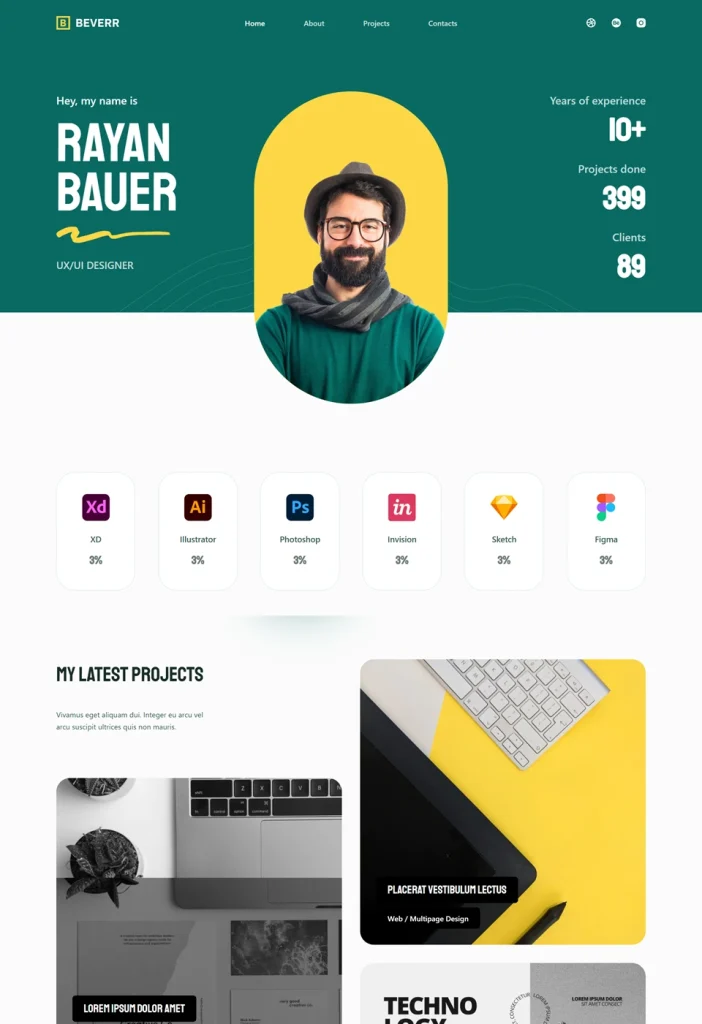 Vzorová webová stránka s minimalistickým dizajnom pre dizajnérske agentúry. Obsahuje sekcie na prezentáciu zručností, portfólio a ľahko použiteľný kontaktný formulár na prilákanie klientov.