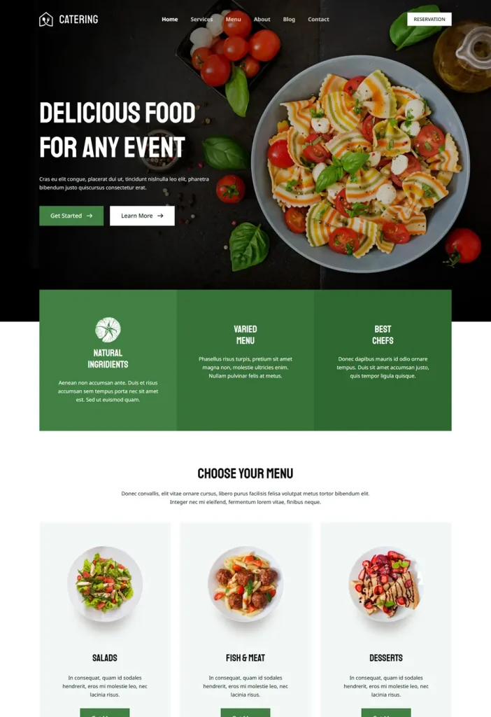 Vzorová webová stránka pre cateringové spoločnosti s lákavým dizajnom, sekciami pre položky v menu a služby a kontaktnou stránkou pre jednoduchú správu objednávok jedál a otázok klientov.