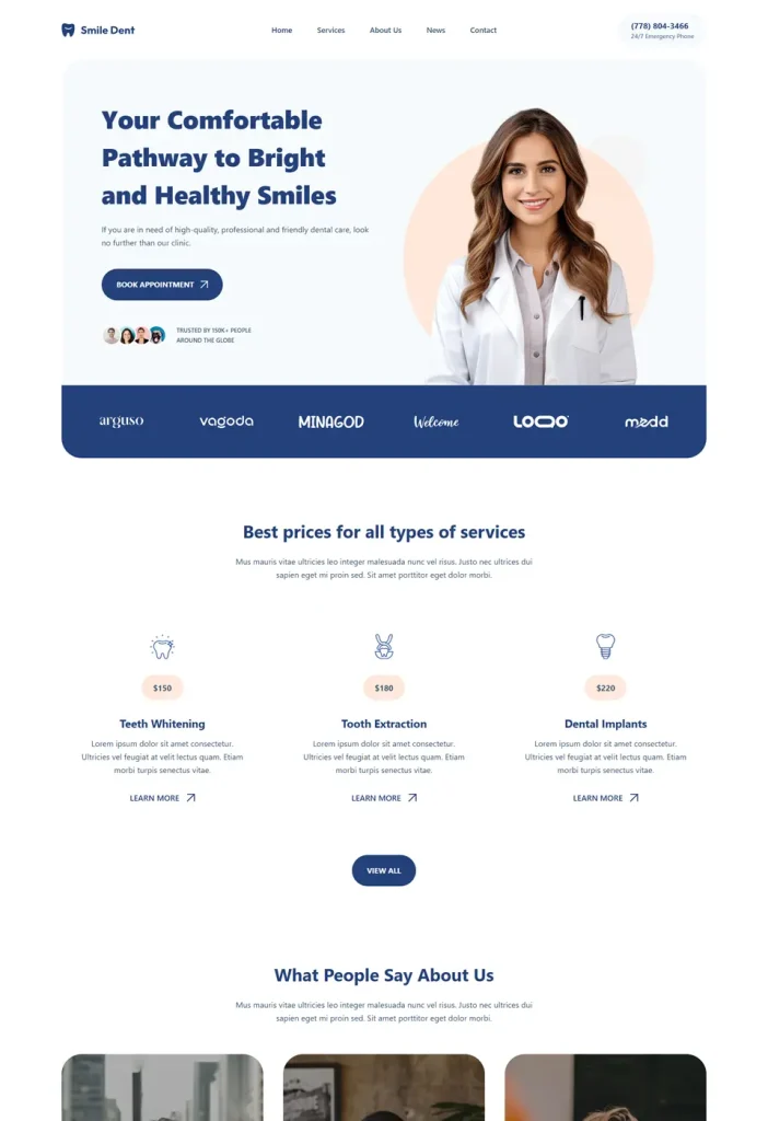 Webová stránka Zubnej Kliniky - Smile Dent s hravým dizajnom, pastelovými farbami a zaoblenými prvkami, zobrazujúca zubné služby s jasnosťou a príťažlivosťou.