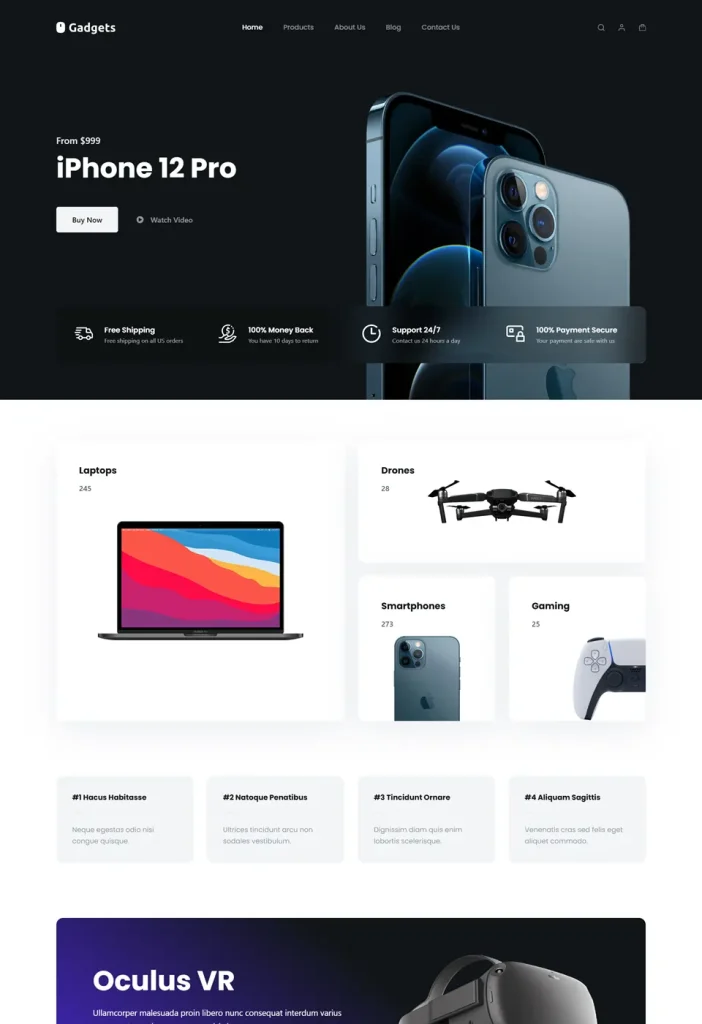 Vzorová webová stránka pre eshop s elektronikou s futuristickým dizajnom a integráciou WooCommerce, ideálna pre technologické obchody, ktoré chcú vytvoriť pútavú, high-tech e-commerce stránku.