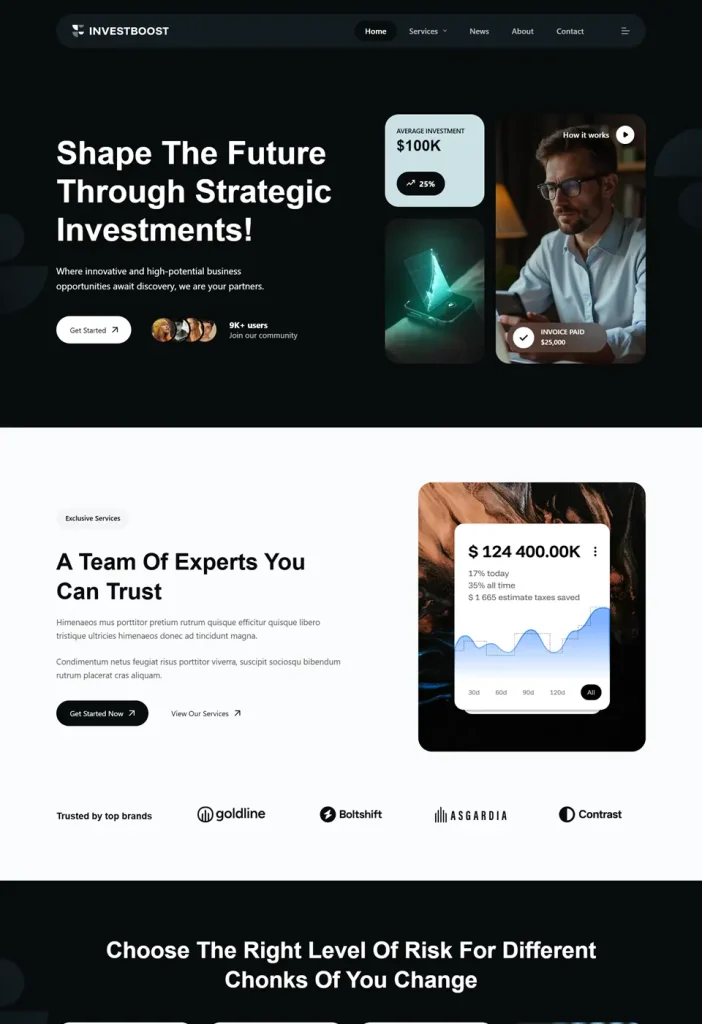 Vzorová webová stránka Invest Boost, moderná obchodná šablóna s čistým dizajnom, efektívnym mega menu a oblasťou mimo plátna na štýlové zobrazenie kľúčových informácií