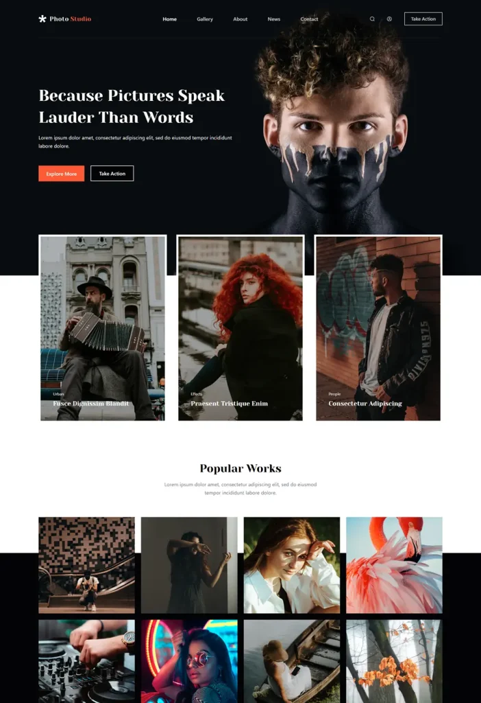 Webová stránka pre Fotoštúdio s sofistikovaným dizajnom pre fotografov, s galériou na vystavenie prác a rezervačným systémom na správu stretnutí s klientmi.