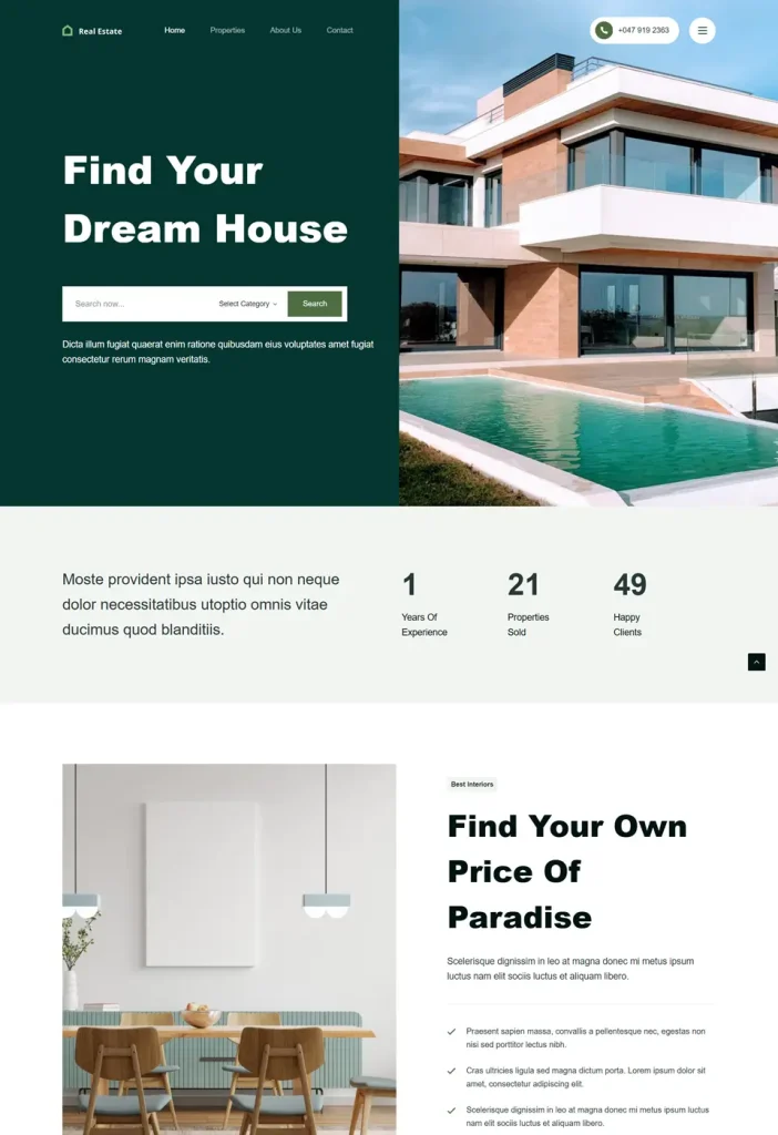 Vzorová webová stránka Realitnej Kancelárie s elegantným dizajnom, dynamickými zoznamami nehnuteľností, intuitívnym vyhľadávacím rozhraním a vlastnými typmi príspevkov pre jednoduchú kategorizáciu nehnuteľností.