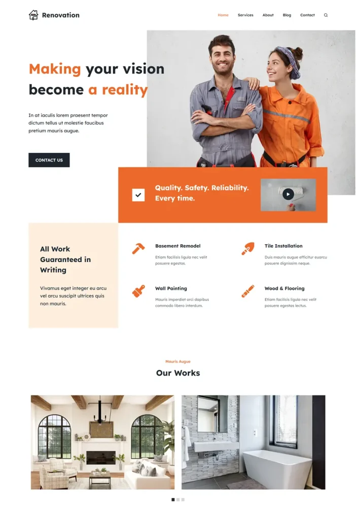 Vzorová webová stránka pre Renovácie s dôrazom na konverzie. Pôsobivé rozloženie domovskej stránky s obsahom ako sekcie pre služby, informácie o spoločnosti a praktické kontaktné údaje.