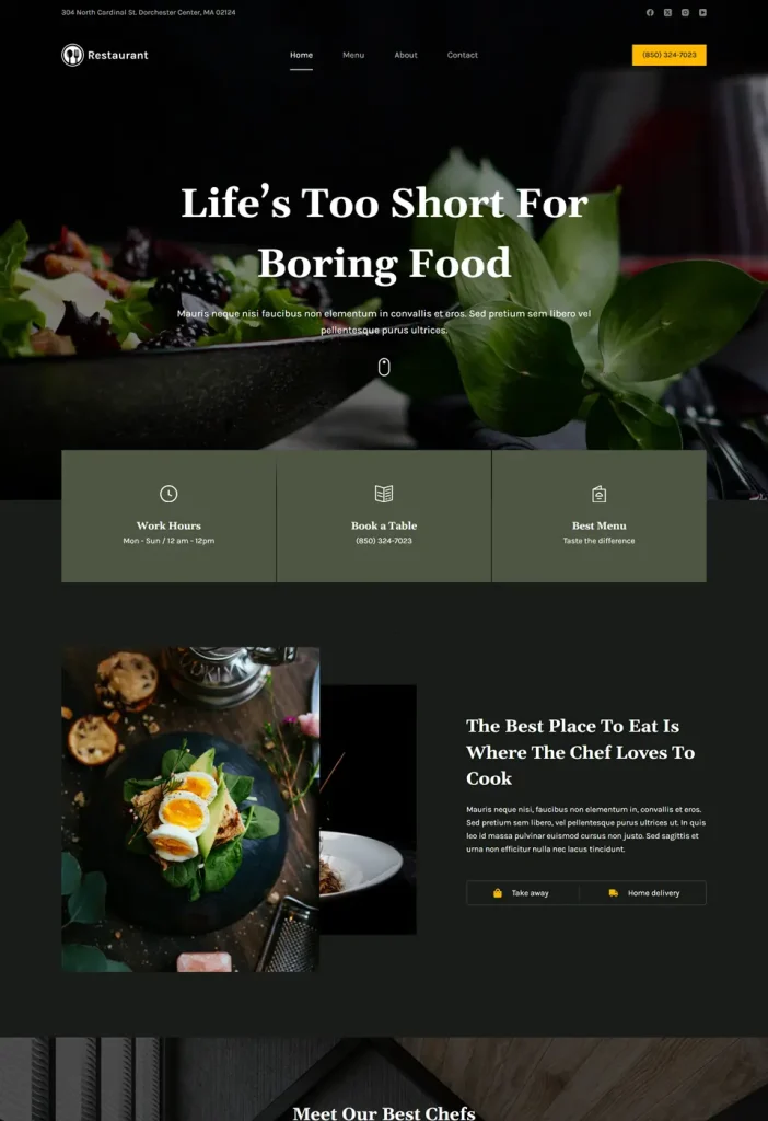 Vzorová webová stránka reštaurácie s dôrazom na elegantné stolovanie, tmavou farebnou schémou, celoobrazovkovými sekciami a pôsobivými fotografiami jedál, ktoré lákajú návštevníkov.