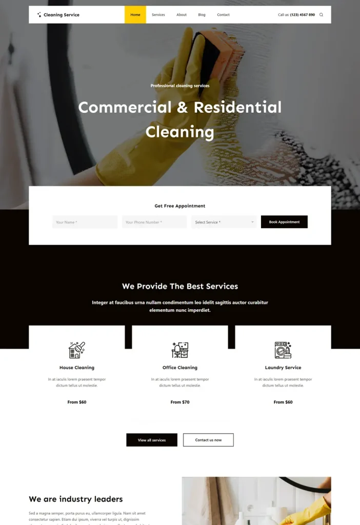 Vzorová webová stránka pre Upratovaciu Službu s prehľadným dizajnom pre upratovacie firmy, výraznou výzvou na akciu pre jednoduché rezervácie.