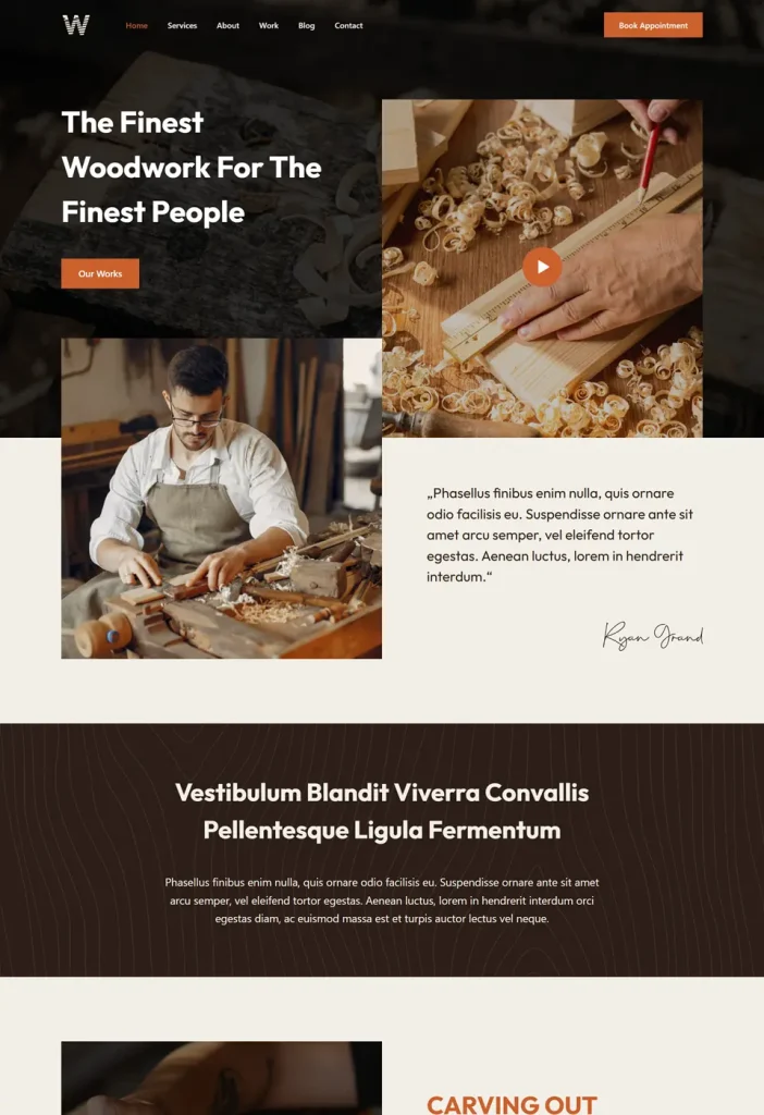 Vzorová webová stránka s dôrazom na remeselné spracovanie, domovská stránka s prehľadnými sekciami služieb a portfóliom, kde sú zvýraznené najlepšie práce.